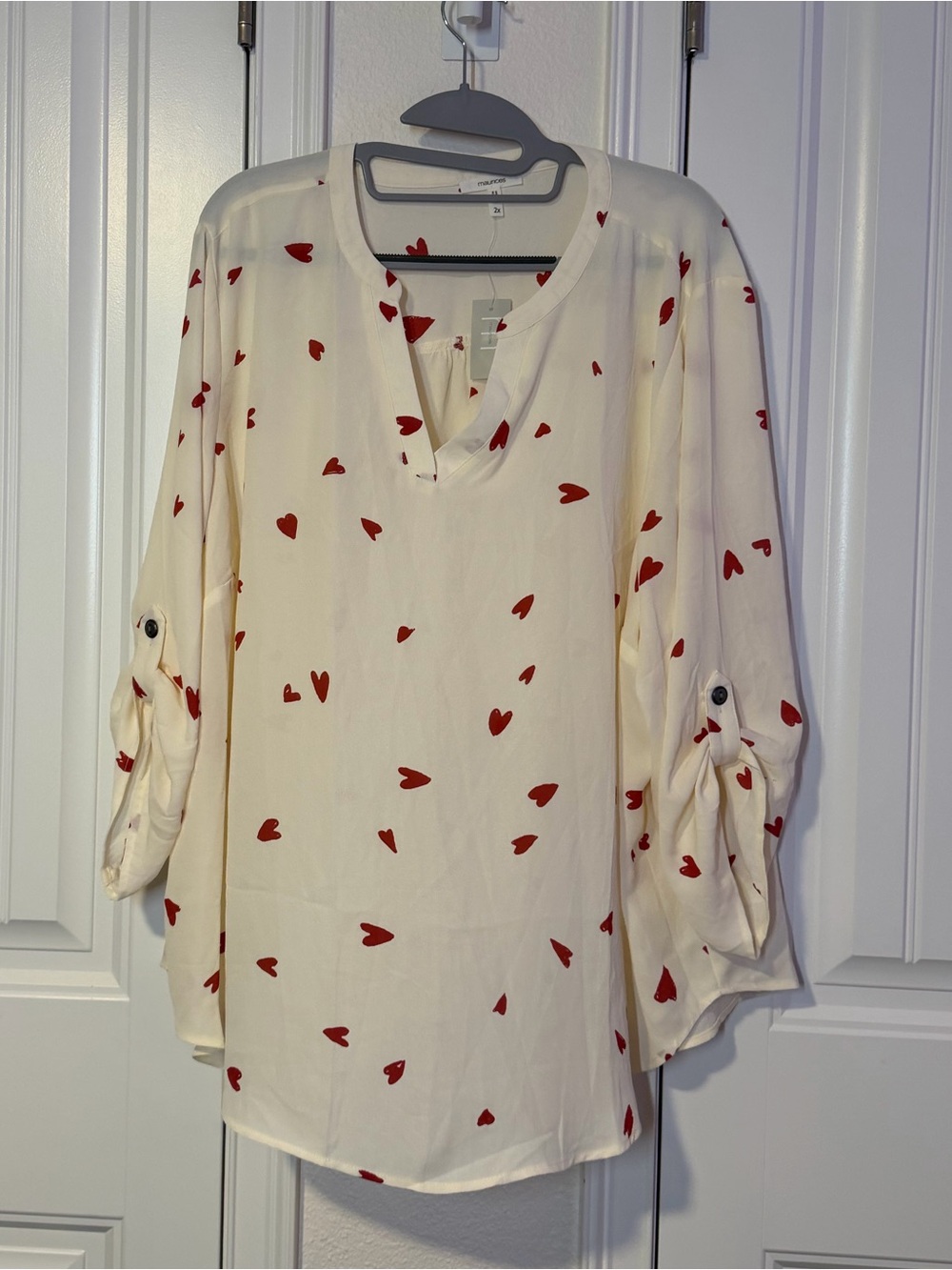 Maurices Cream Blouse with Red Heart Print
